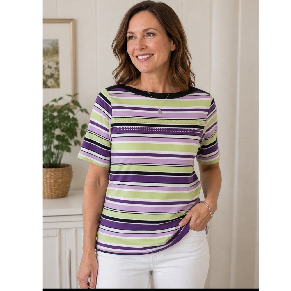 3/$25 Christopher Banks PS Striped Rhinestone Boat Neck Top Purple Green‎ Preppy